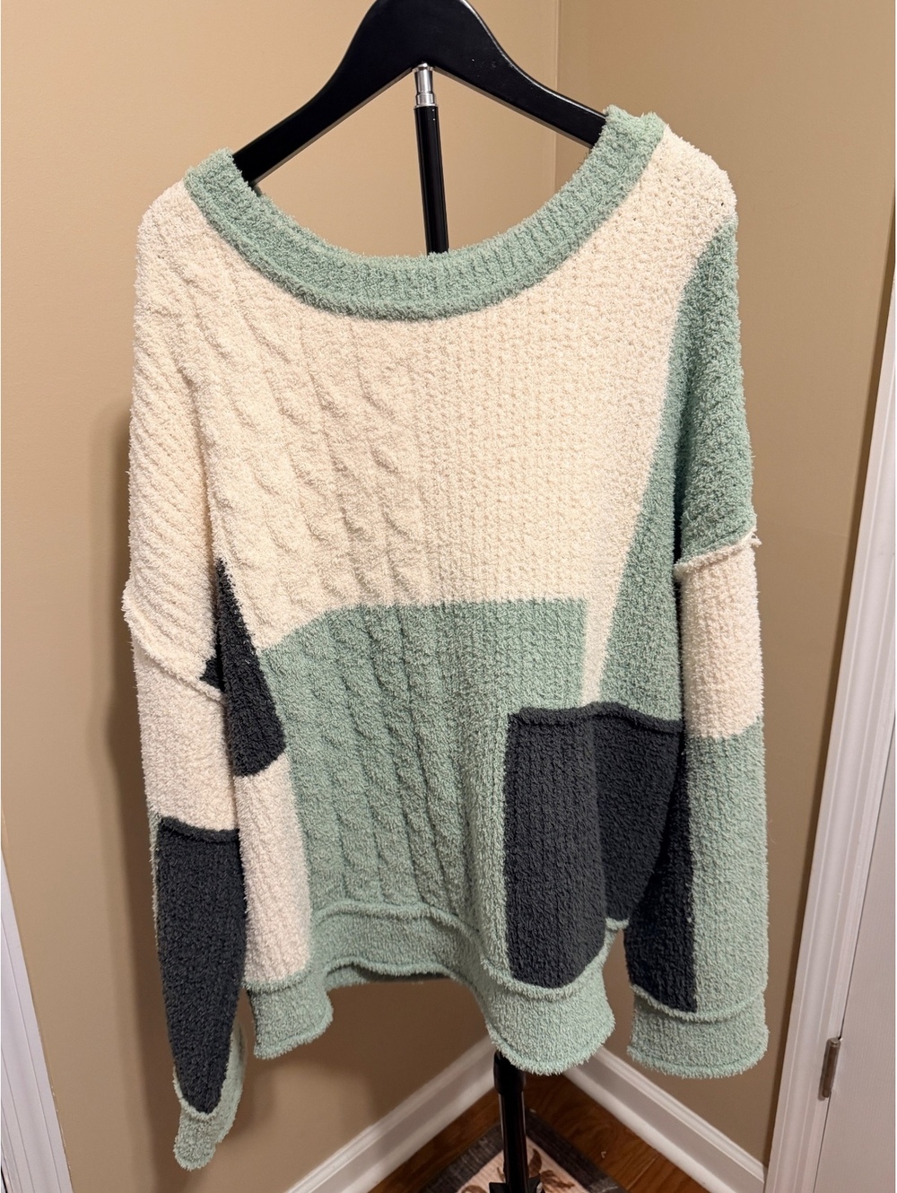POL Colorblock Eyelash Sweater Oversized Sage Cream Charcoal Soft Size L